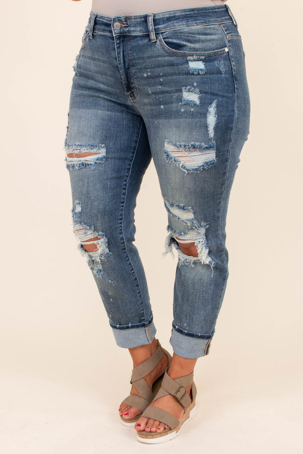 jeans, long, relaxed, blue, denim, faded, distressed, ripped