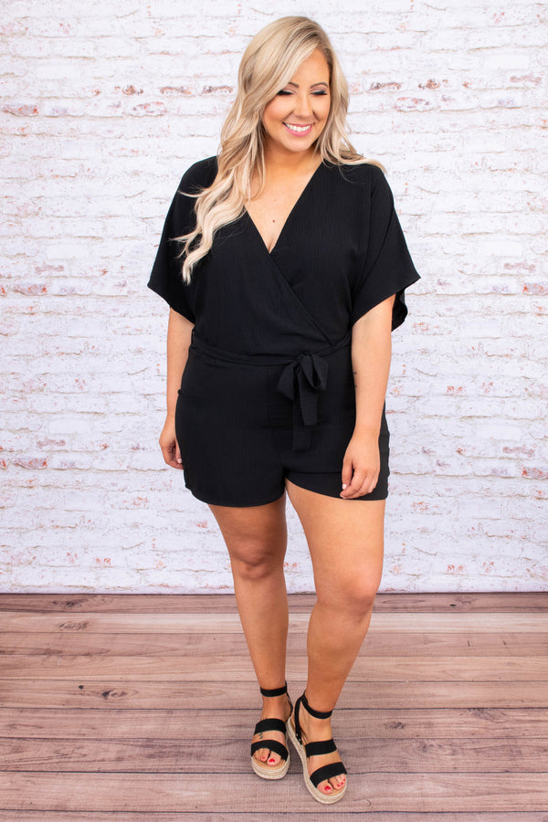 romper, shorts, above the knee, v neck, wrap top, tie at waist, short sleeve, loose sleeves, black, solid, triangle opening on back