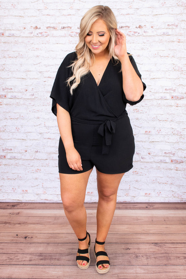 romper, shorts, above the knee, v neck, wrap top, tie at waist, short sleeve, loose sleeves, black, solid, triangle opening on back