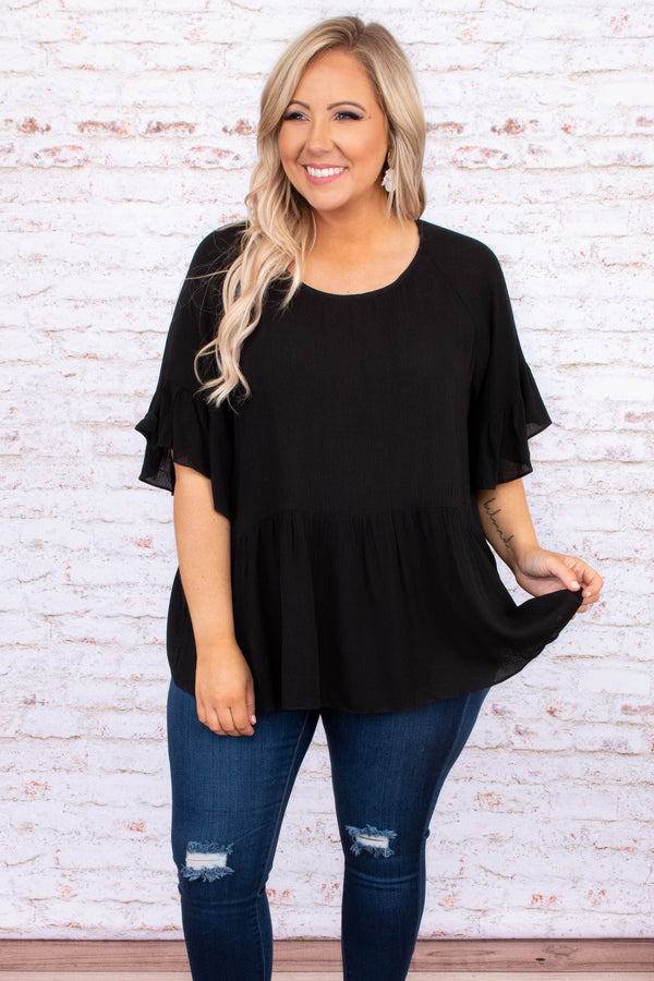 shirt, flowy sleeves, black, babydoll, scoop neck, short sleeve, loose, comfy