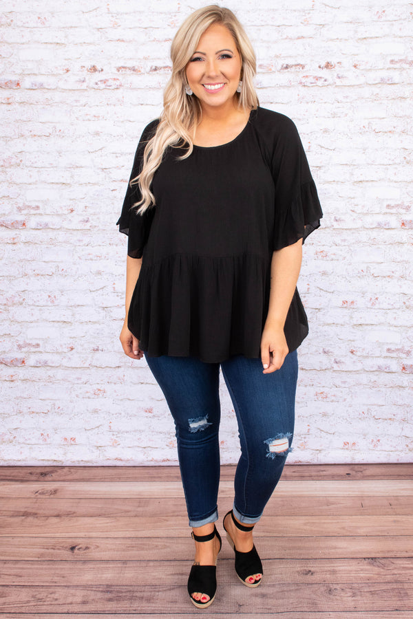 shirt, flowy sleeves, black, babydoll, scoop neck, short sleeve, loose, comfy