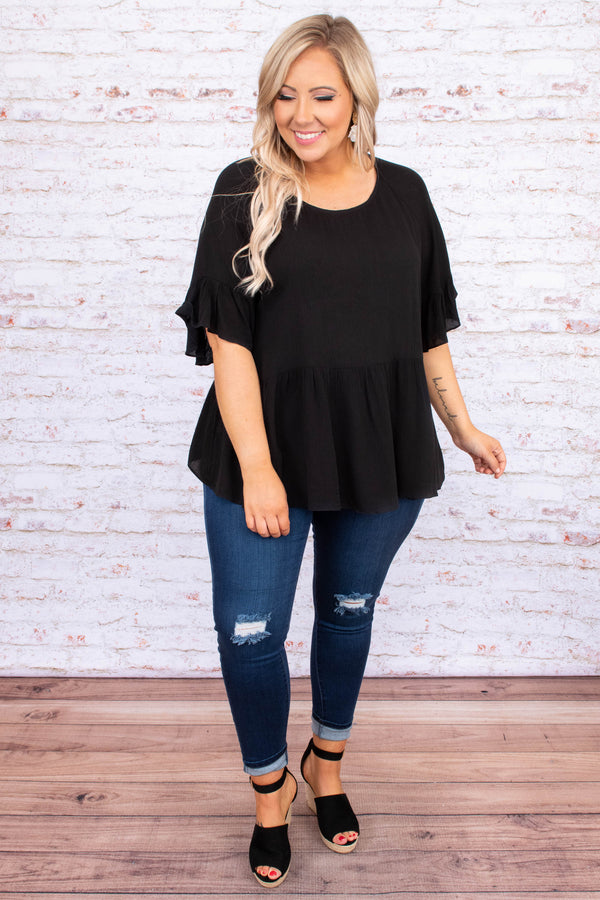 shirt, flowy sleeves, black, babydoll, scoop neck, short sleeve, loose, comfy