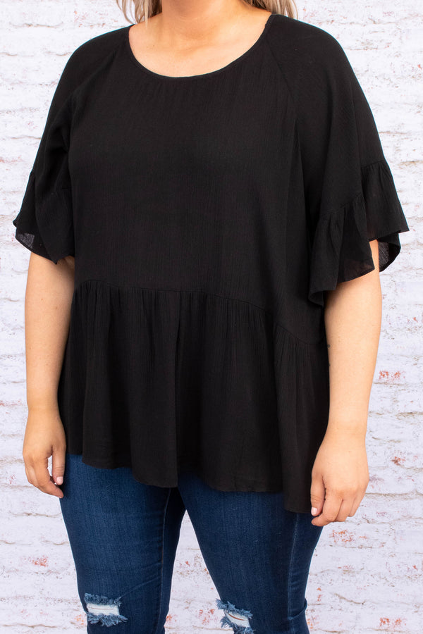 shirt, flowy sleeves, black, babydoll, scoop neck, short sleeve, loose, comfy