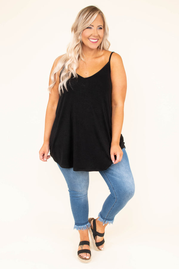 tank, spaghetti straps, vneck, curved hem, long, flowy, black, spring, summer