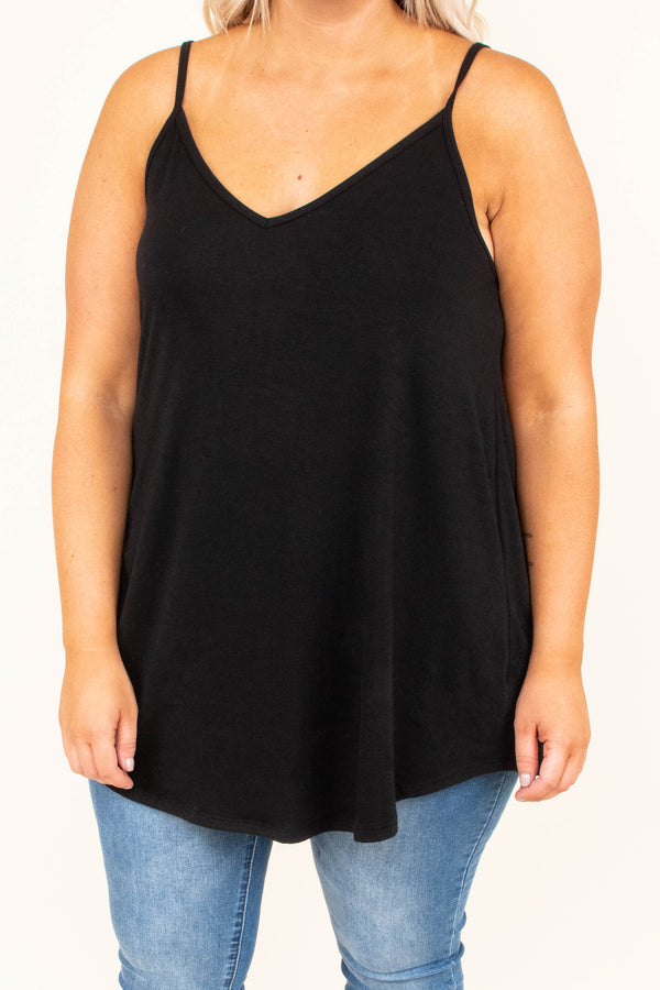tank, spaghetti straps, vneck, curved hem, long, flowy, black, spring, summer