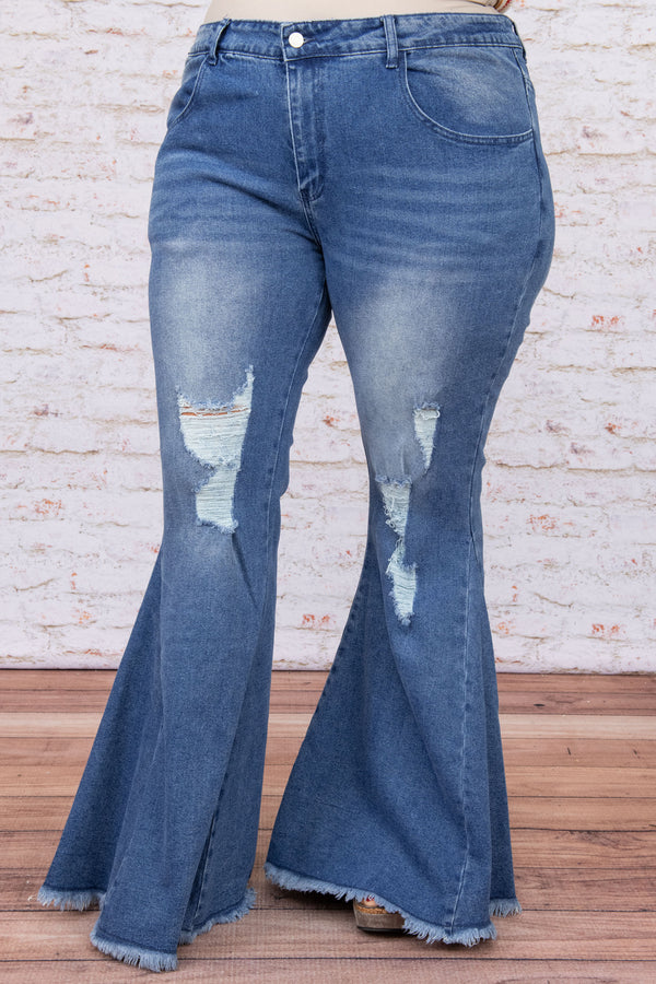 bottoms, jeans, medium wash, distressed, flare
