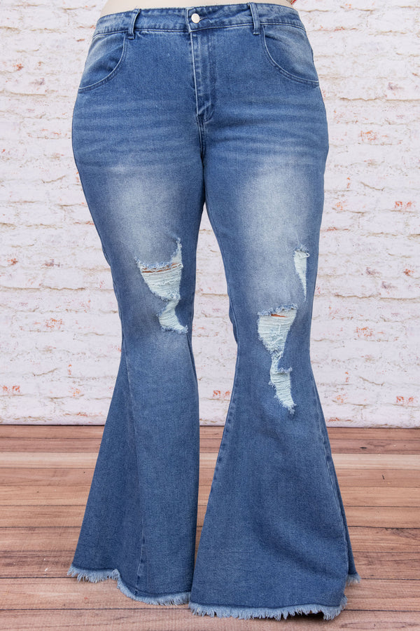 bottoms, jeans, medium wash, distressed, flare