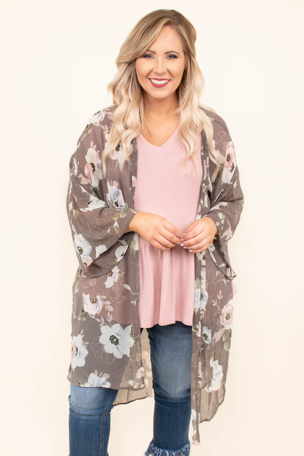 kimono, long sleeve, long, flowy, sheer, bell sleeves, gray, floral, white, green, black, spring, summer