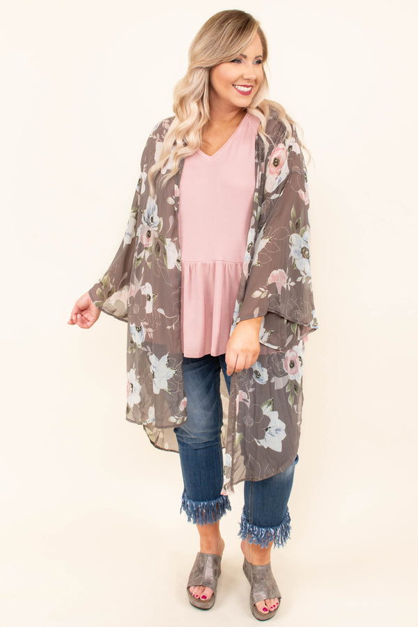 kimono, long sleeve, long, flowy, sheer, bell sleeves, gray, floral, white, green, black, spring, summer