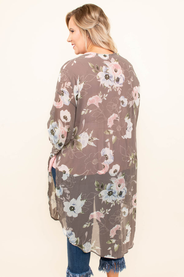 kimono, long sleeve, long, flowy, sheer, bell sleeves, gray, floral, white, green, black, spring, summer