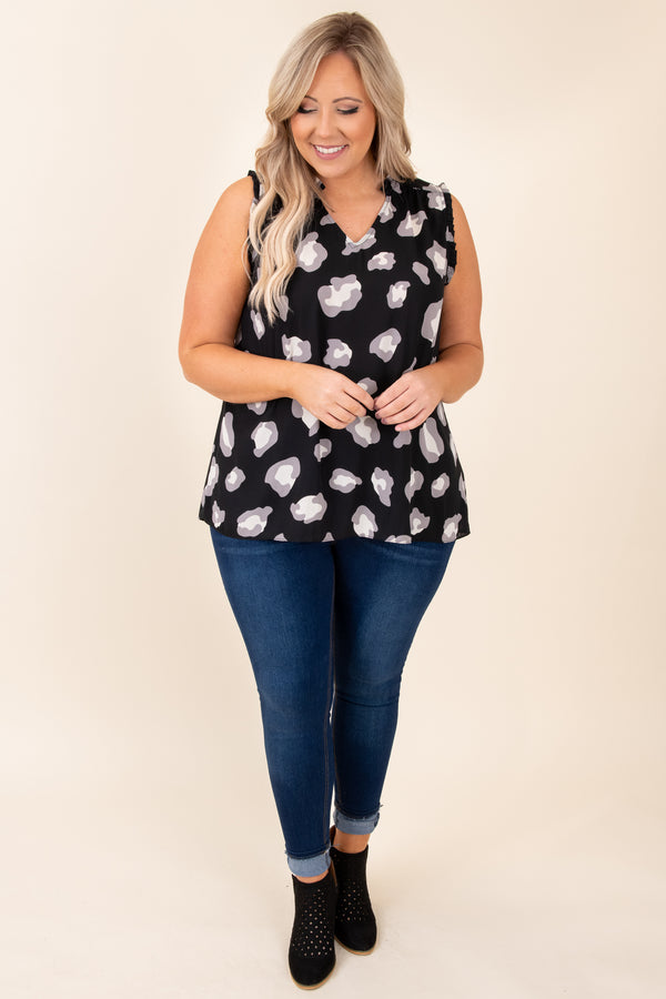 top, shirt, blouse, black, leopard, sleeveless, gray