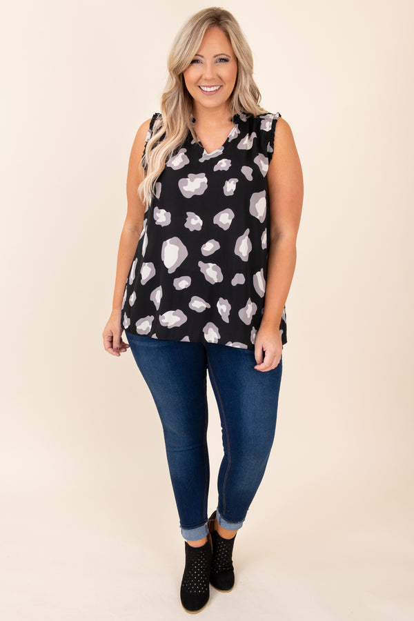 top, shirt, blouse, black, leopard, sleeveless, gray