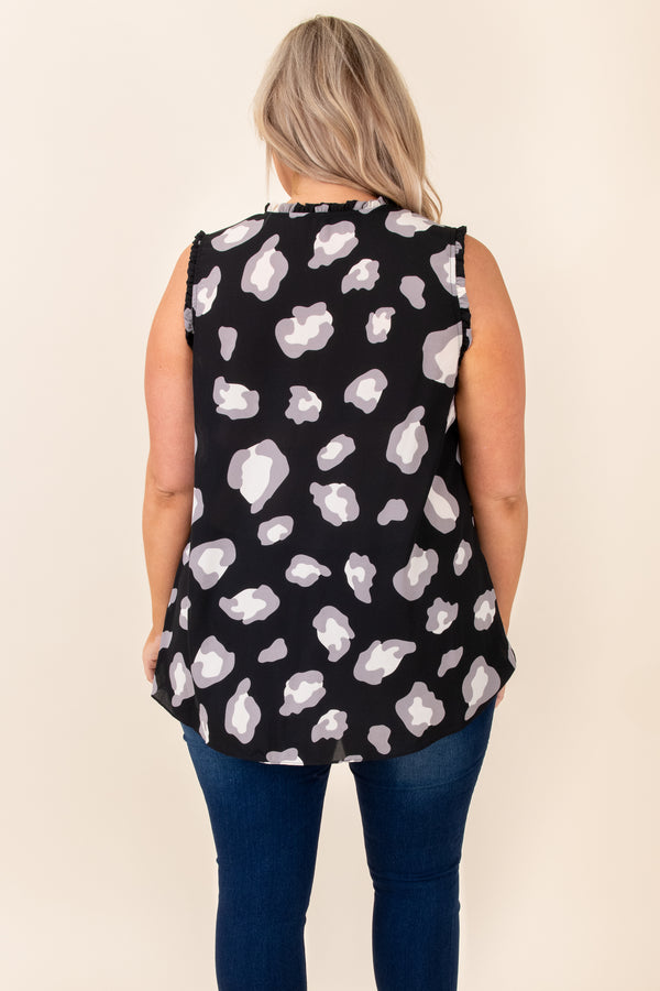 top, shirt, blouse, black, leopard, sleeveless, gray