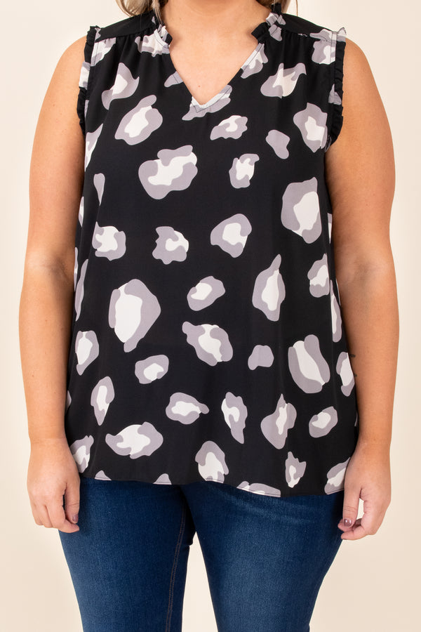 top, shirt, blouse, black, leopard, sleeveless, gray
