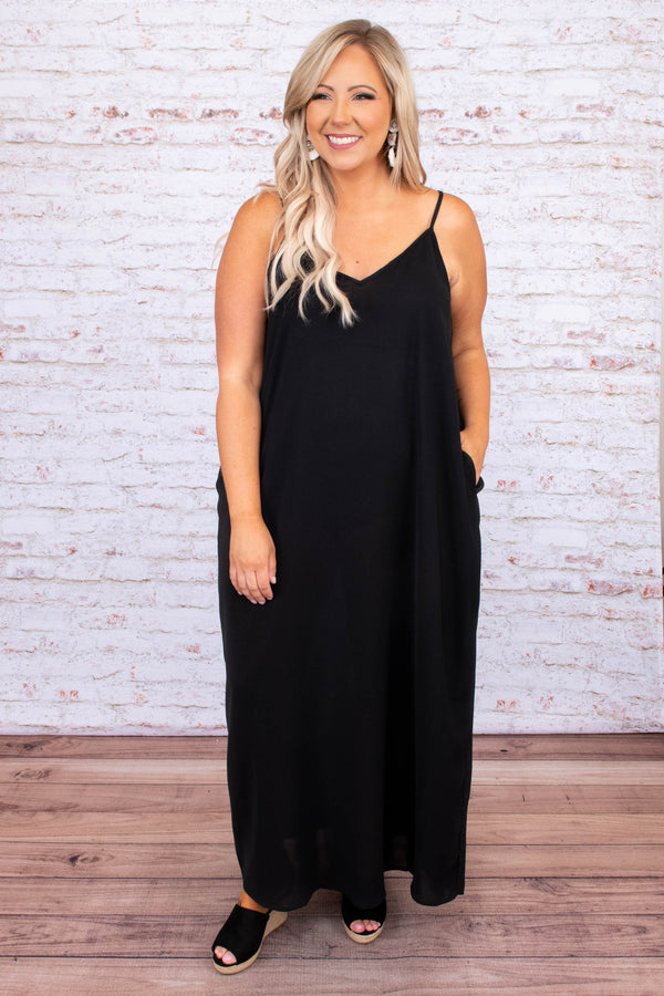 dress, maxi dress, long, floor length, spaghetti strap, v neck, black, loose, comfy, spring, summer