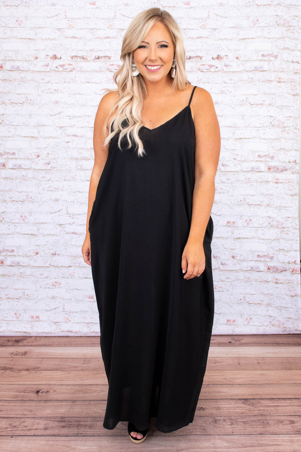 dress, maxi dress, long, floor length, spaghetti strap, v neck, black, loose, comfy, spring, summer