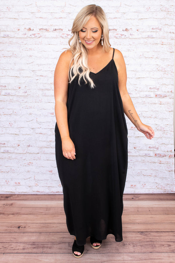 dress, maxi dress, long, floor length, spaghetti strap, v neck, black, loose, comfy, spring, summer