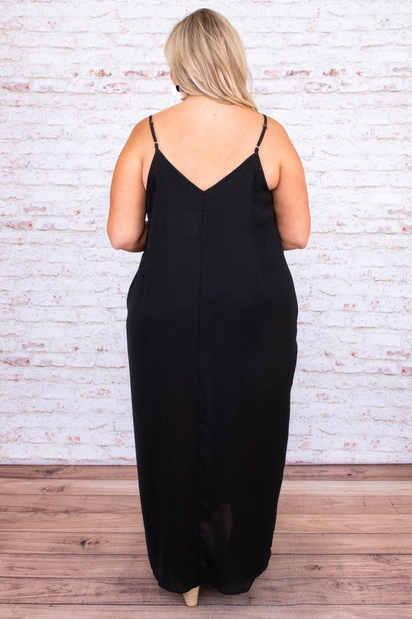dress, maxi dress, long, floor length, spaghetti strap, v neck, black, loose, comfy, spring, summer
