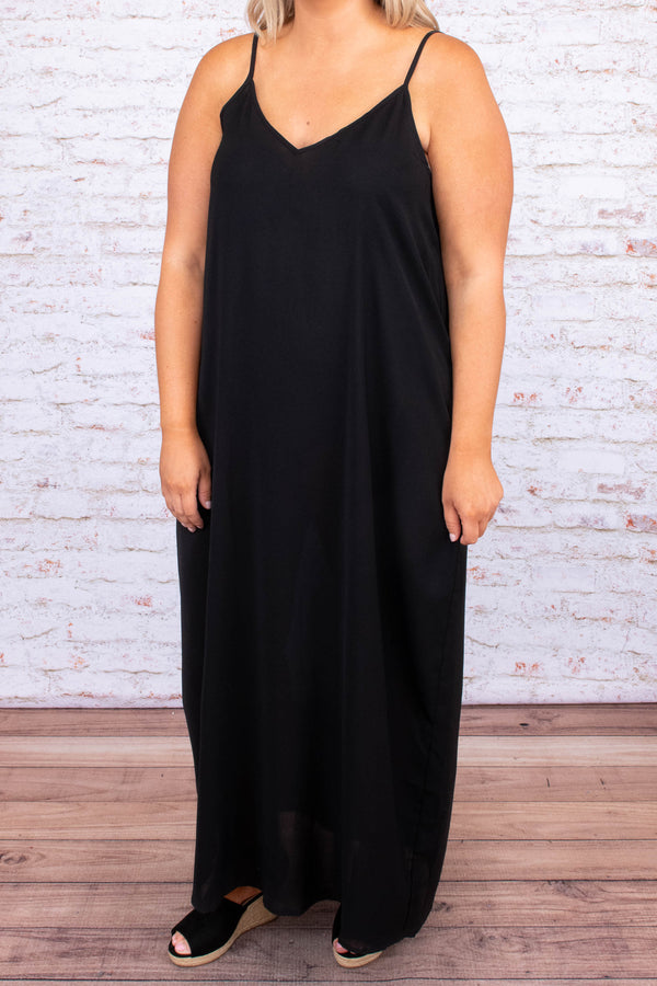 dress, maxi dress, long, floor length, spaghetti strap, v neck, black, loose, comfy, spring, summer