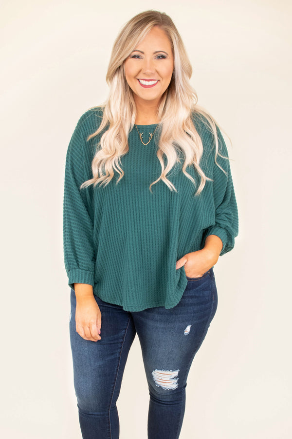top, sweater, green, solid, three quarter sleeve, teal, ribbed