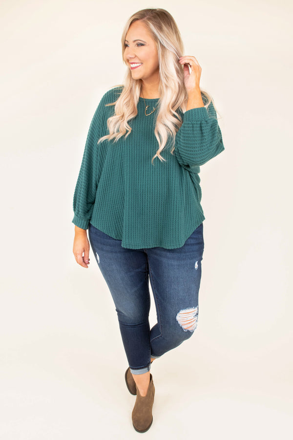 top, sweater, green, solid, three quarter sleeve, teal, ribbed