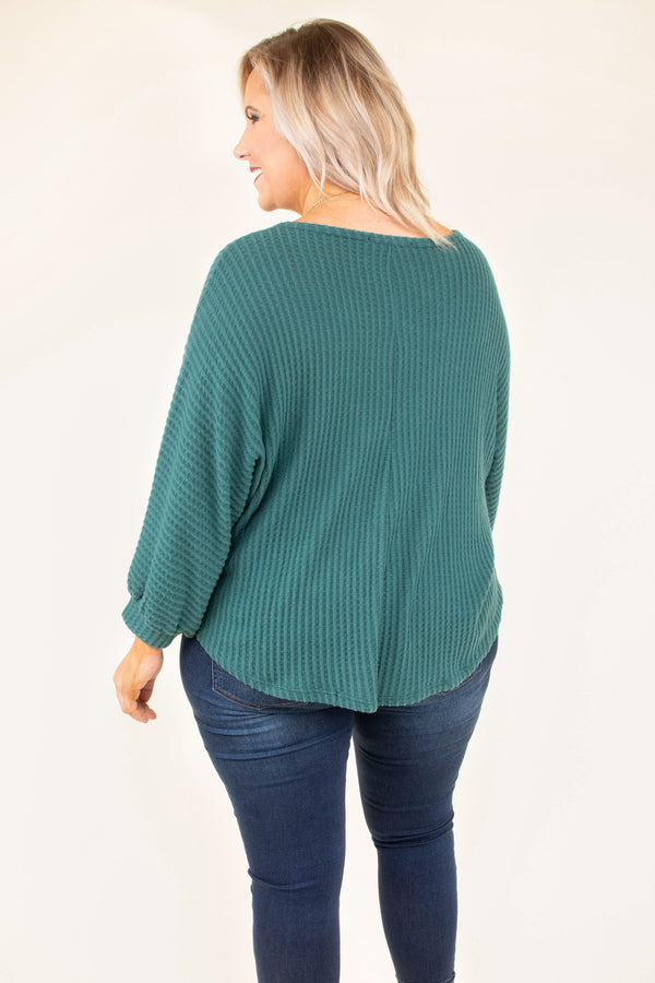 top, sweater, green, solid, three quarter sleeve, teal, ribbed