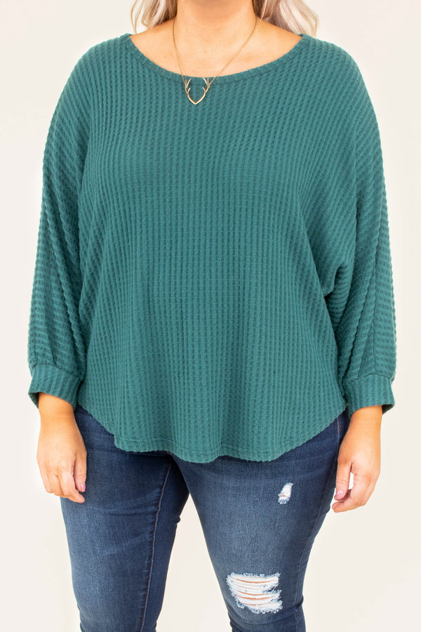 top, sweater, green, solid, three quarter sleeve, teal, ribbed