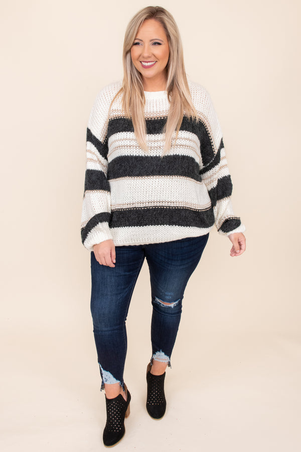 top, sweater, white, black, taupe, tan, stripe, bubble sleeve, long sleeve, cute