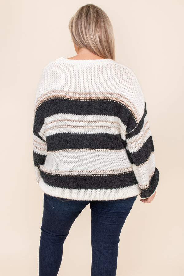 top, sweater, white, black, taupe, tan, stripe, bubble sleeve, long sleeve, cute