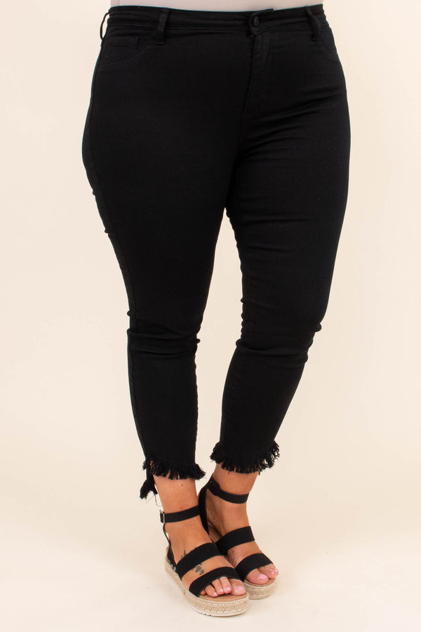 jeans, pants, long, cropped, ankle length, frayed hem, black, solid, skinny