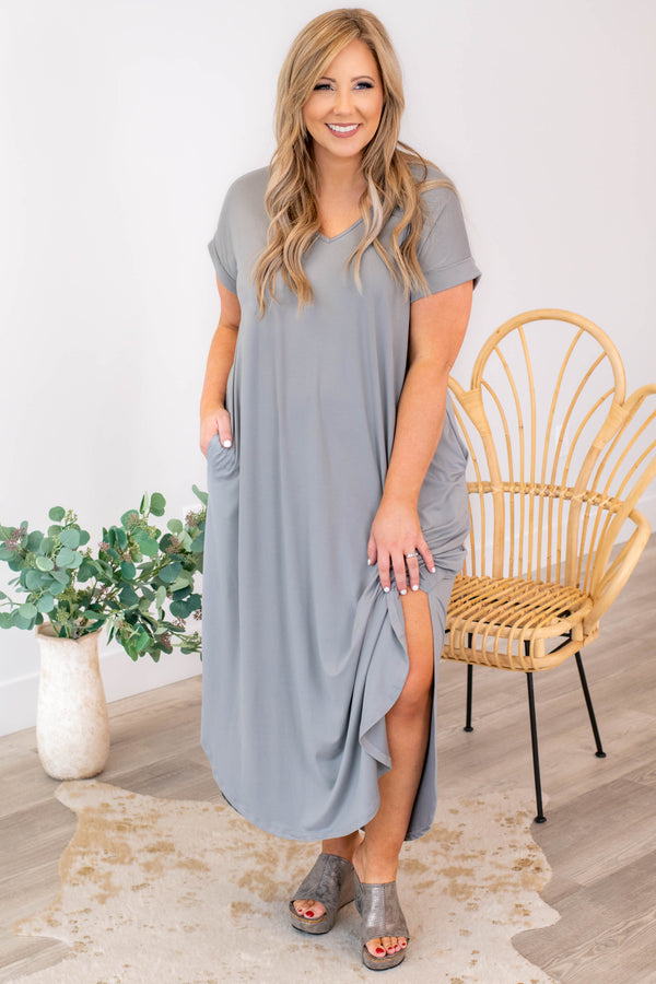 dress, maxi, gray, solid, short sleeve, pockets, silver