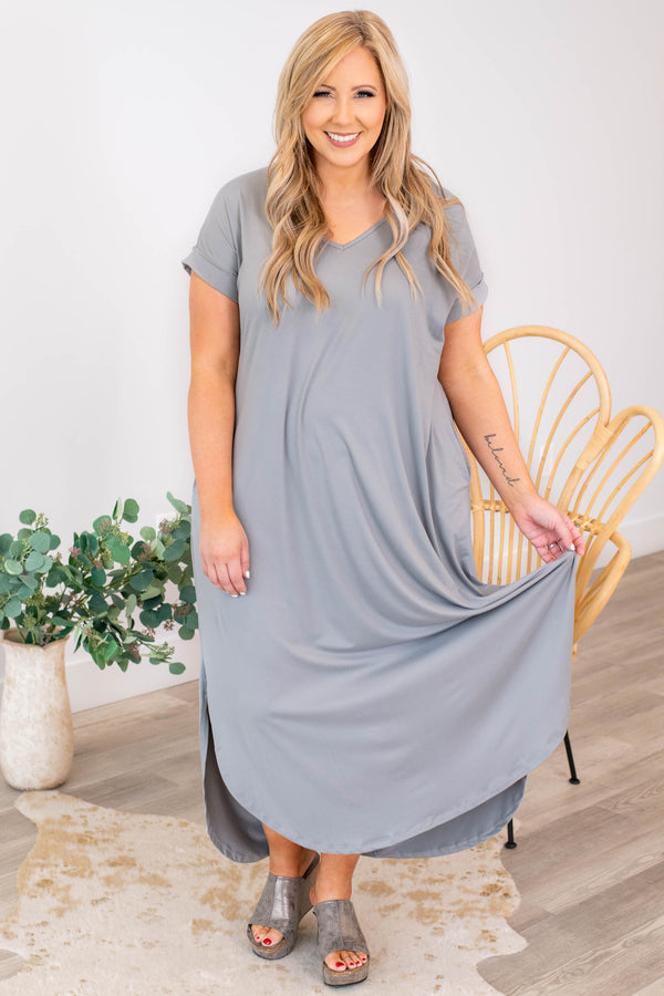 dress, maxi, gray, solid, short sleeve, pockets, silver