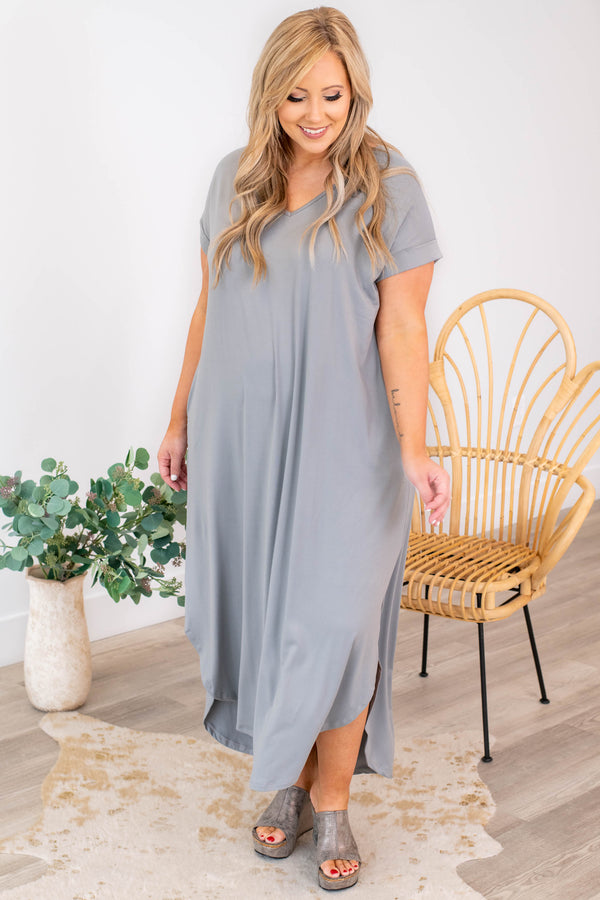 dress, maxi, gray, solid, short sleeve, pockets, silver