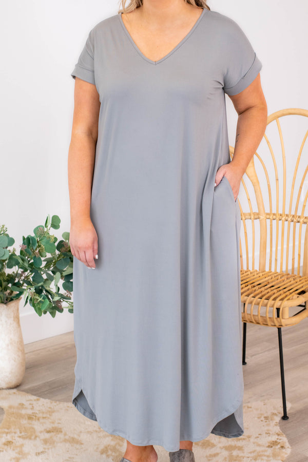 dress, maxi, gray, solid, short sleeve, pockets, silver