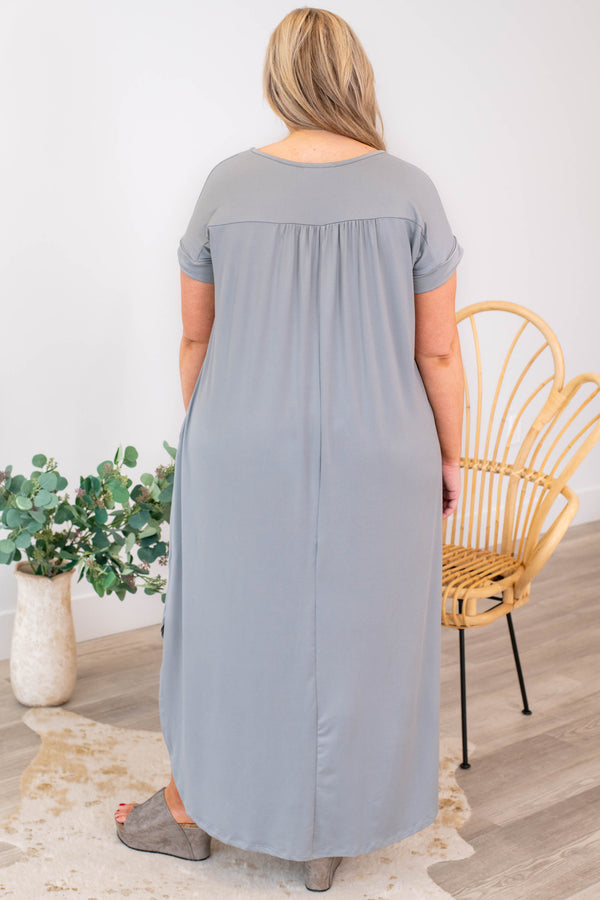 dress, maxi, gray, solid, short sleeve, pockets, silver