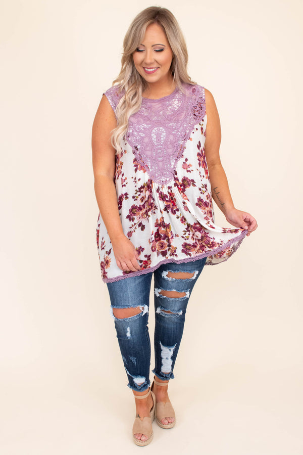 shirt, top, tank, lace neckline, floral, off white, pink, purple, loose, comfy, sleeveless
