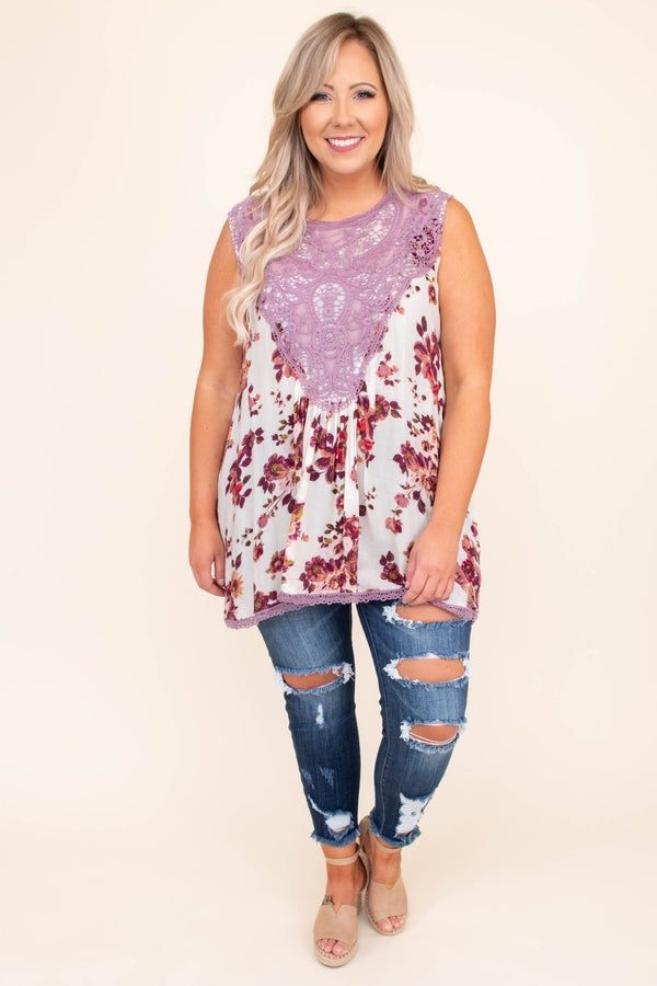 shirt, top, tank, lace neckline, floral, off white, pink, purple, loose, comfy, sleeveless