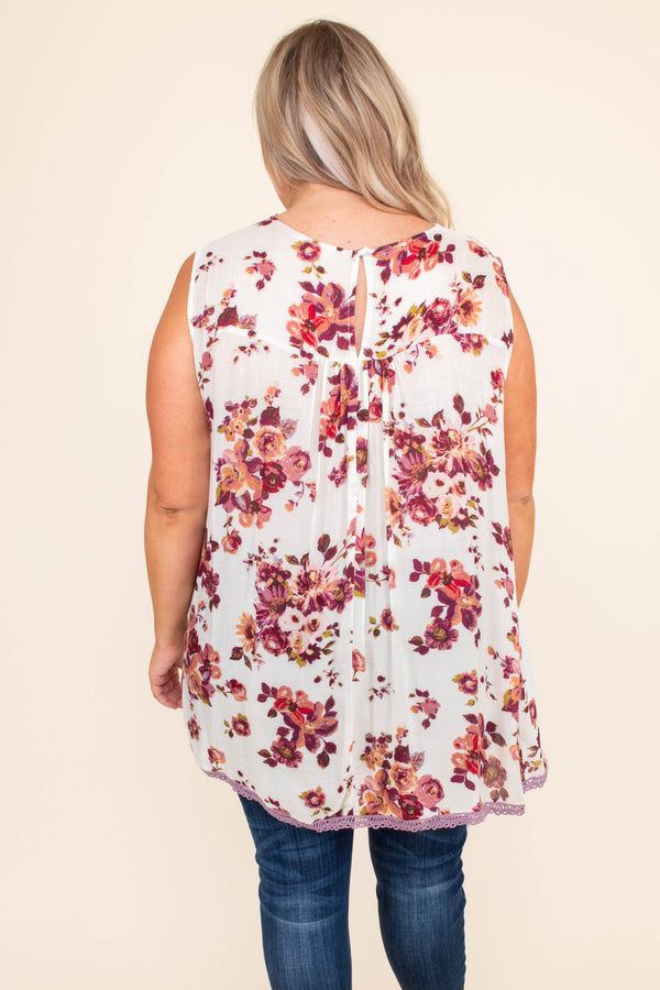 shirt, top, tank, lace neckline, floral, off white, pink, purple, loose, comfy, sleeveless
