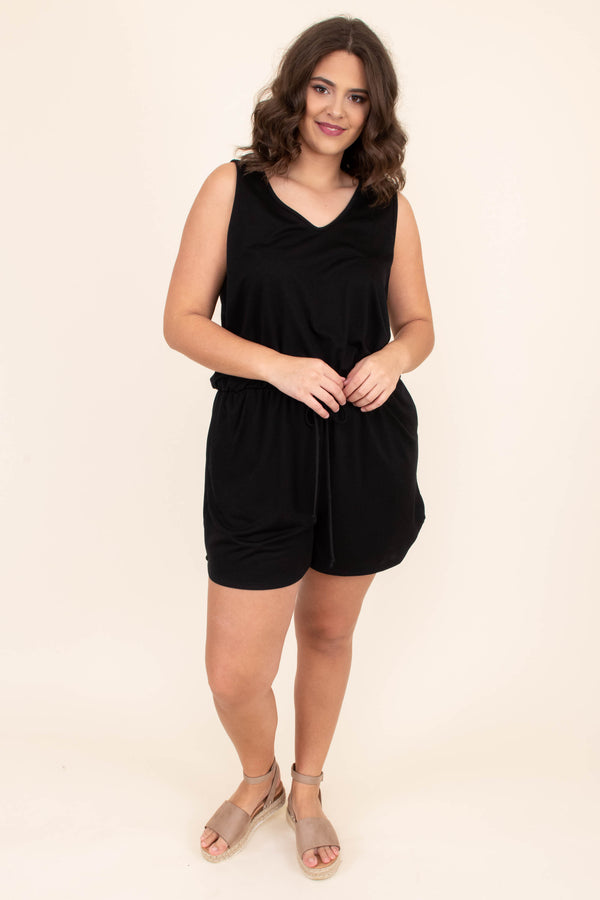 romper, shorts, sleeveless, thick straps, vneck, drawstring waist, pockets, loose, comfy, black, spring, summer