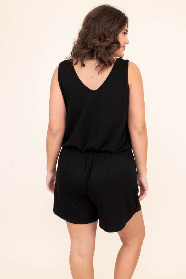 romper, shorts, sleeveless, thick straps, vneck, drawstring waist, pockets, loose, comfy, black, spring, summer
