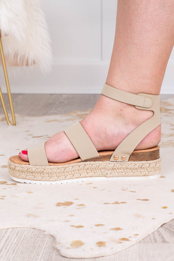 sandals, platform, espadrilles, two foot straps, ankle strap, open toed, open heel, beige