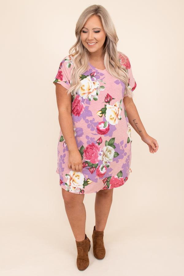 pre-cuffed sleeves, flowy, blush, floral, print, short, above the knee, dress, short sleeve, v neck, purple, pink