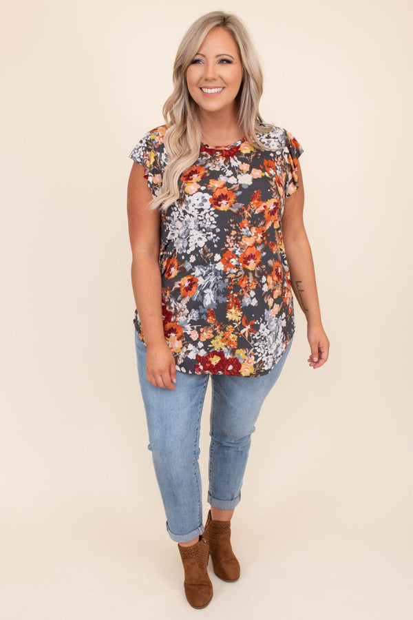 top, casual, gray, floral, flowers, flutter sleeve, charcoal, orange