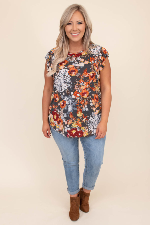top, casual, gray, floral, flowers, flutter sleeve, charcoal, orange