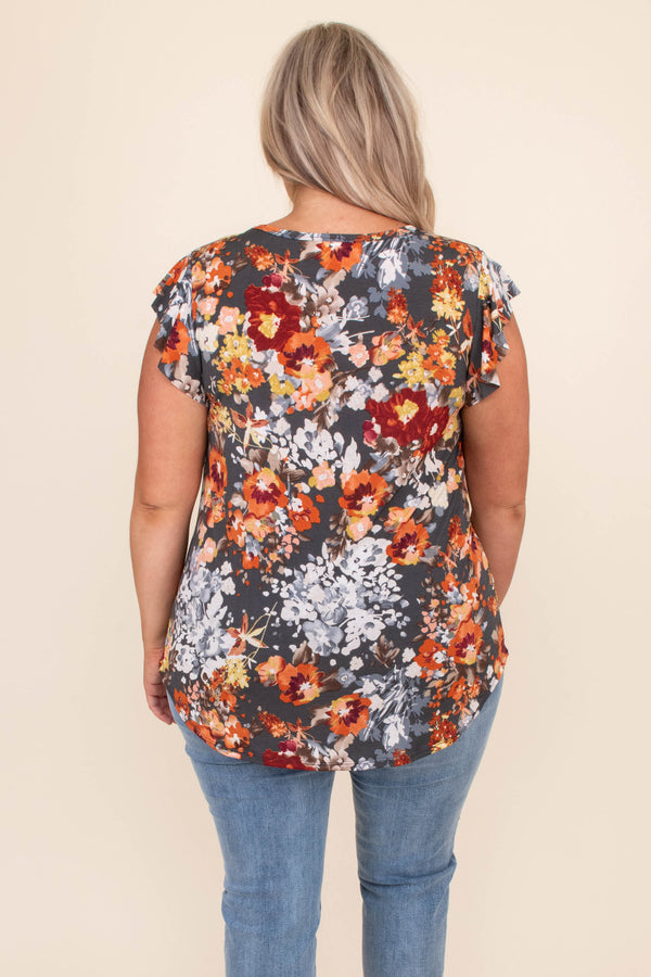 top, casual, gray, floral, flowers, flutter sleeve, charcoal, orange