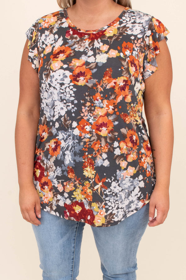 top, casual, gray, floral, flowers, flutter sleeve, charcoal, orange
