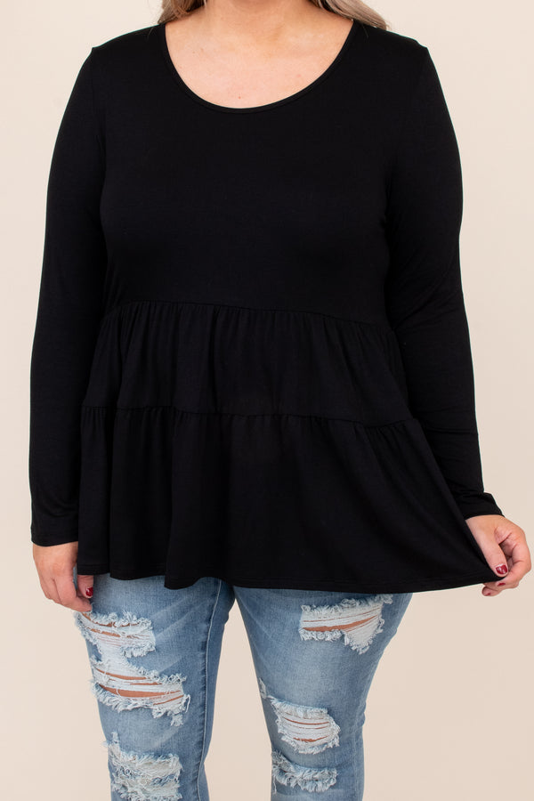 top, basic top, babydoll top, black, solid, long sleeve, ruffle