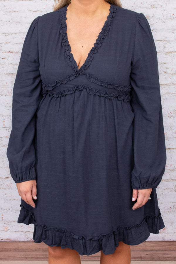 dress, casual, babydoll, blue, navy, v-neck, ruffle, ruffles, solid, bubble sleeve