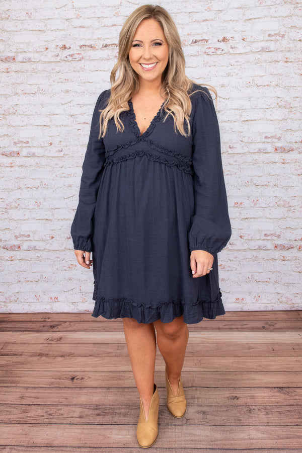 dress, casual, babydoll, blue, navy, v-neck, ruffle, ruffles, solid, bubble sleeve