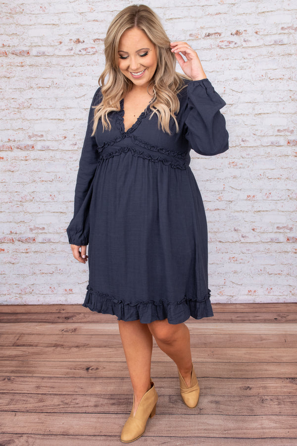 dress, casual, babydoll, blue, navy, v-neck, ruffle, ruffles, solid, bubble sleeve